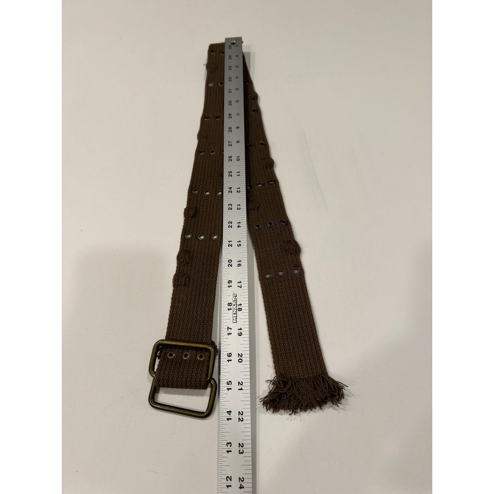 Vintage Brown Canvas Web Belt Triple Grommet Fringe Edge Utility Boho 36 Inch
